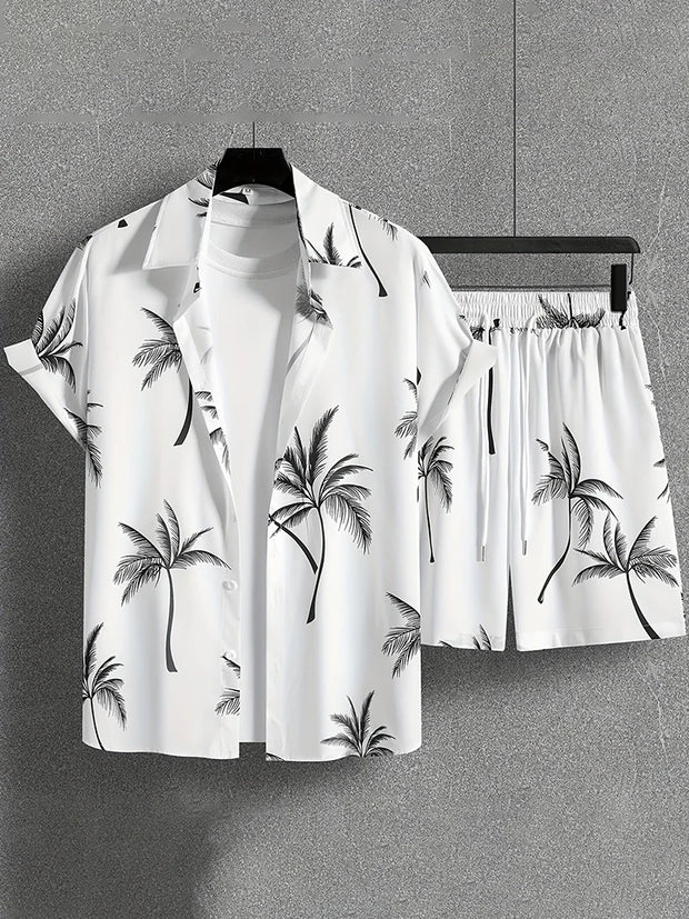 Coconut Tree Print Men's Short Sleeve Shirt And Beach Shorts Set Summer Everyday Men's Casual Shirt Hawaiian Style Men's Shorts