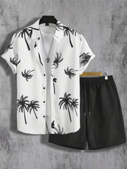 Coconut Tree Print Men's Short Sleeve Shirt And Beach Shorts Set Summer Everyday Men's Casual Shirt Hawaiian Style Men's Shorts