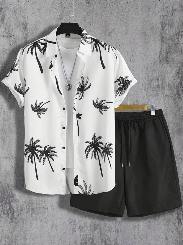 Coconut Tree Print Men's Short Sleeve Shirt And Beach Shorts Set Summer Everyday Men's Casual Shirt Hawaiian Style Men's Shorts
