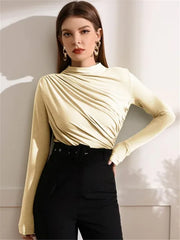 Fall Solid Long Sleeve Women T-shirt 2023 Casual Fashion Slim Folds Sheath Top T Shirt Ladies Tees Elegant