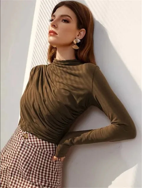Fall Solid Long Sleeve Women T-shirt 2023 Casual Fashion Slim Folds Sheath Top T Shirt Ladies Tees Elegant