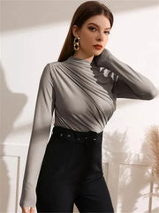 Fall Solid Long Sleeve Women T-shirt 2023 Casual Fashion Slim Folds Sheath Top T Shirt Ladies Tees Elegant
