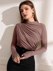Fall Solid Long Sleeve Women T-shirt 2023 Casual Fashion Slim Folds Sheath Top T Shirt Ladies Tees Elegant