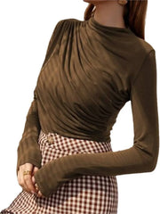 Fall Solid Long Sleeve Women T-shirt 2023 Casual Fashion Slim Folds Sheath Top T Shirt Ladies Tees Elegant