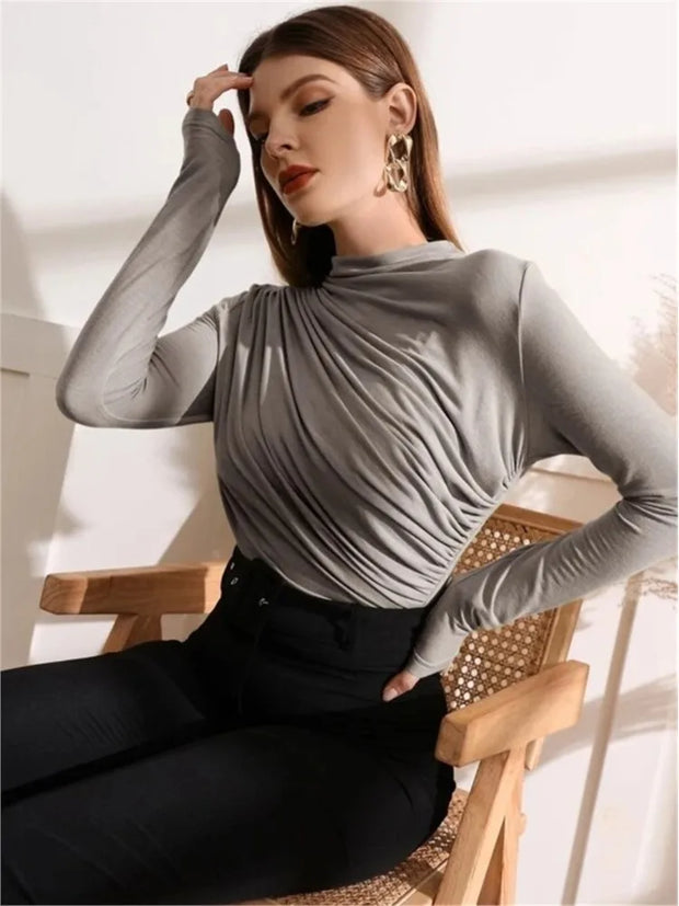 Fall Solid Long Sleeve Women T-shirt 2023 Casual Fashion Slim Folds Sheath Top T Shirt Ladies Tees Elegant