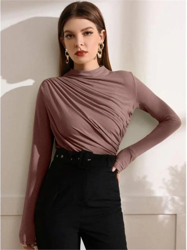 Fall Solid Long Sleeve Women T-shirt 2023 Casual Fashion Slim Folds Sheath Top T Shirt Ladies Tees Elegant