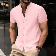 Men's Solid Color Cotton Linen Short Sleeve Shirts Vacation Beach Summer Tops with Pocket Casual Lightweight Button Shirts