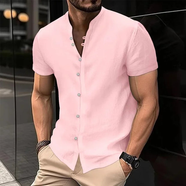 Men's Solid Color Cotton Linen Short Sleeve Shirts Vacation Beach Summer Tops with Pocket Casual Lightweight Button Shirts