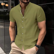 Men's Solid Color Cotton Linen Short Sleeve Shirts Vacation Beach Summer Tops with Pocket Casual Lightweight Button Shirts