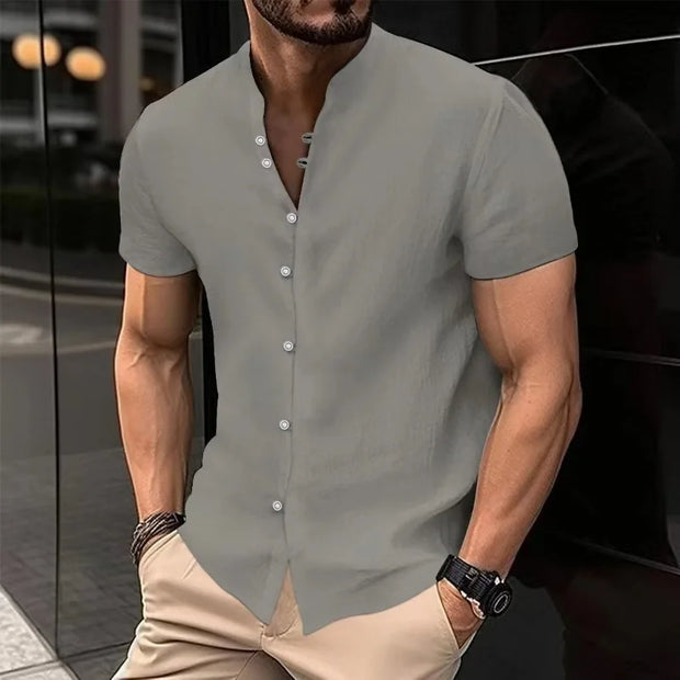 Men's Solid Color Cotton Linen Short Sleeve Shirts Vacation Beach Summer Tops with Pocket Casual Lightweight Button Shirts