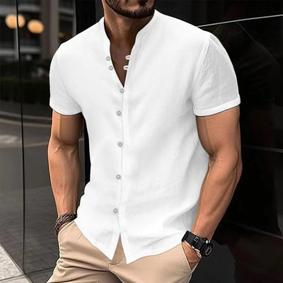 Men's Solid Color Cotton Linen Short Sleeve Shirts Vacation Beach Summer Tops with Pocket Casual Lightweight Button Shirts