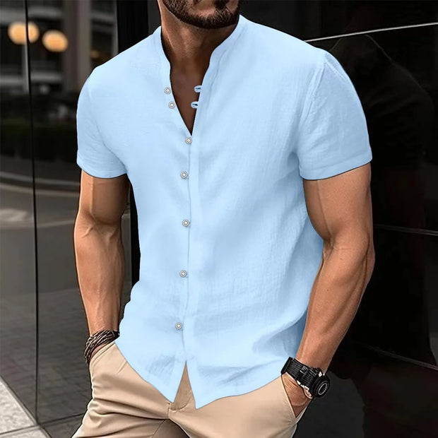 Men's Solid Color Cotton Linen Short Sleeve Shirts Vacation Beach Summer Tops with Pocket Casual Lightweight Button Shirts
