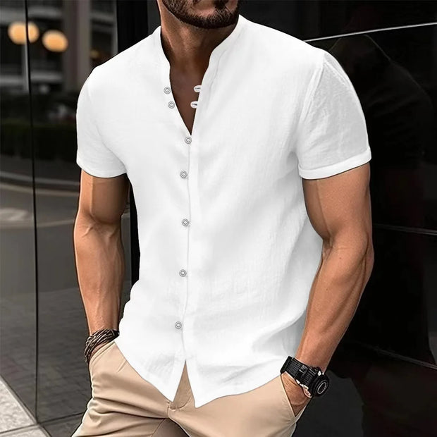 Men's Solid Color Cotton Linen Short Sleeve Shirts Vacation Beach Summer Tops with Pocket Casual Lightweight Button Shirts