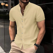 Men's Solid Color Cotton Linen Short Sleeve Shirts Vacation Beach Summer Tops with Pocket Casual Lightweight Button Shirts