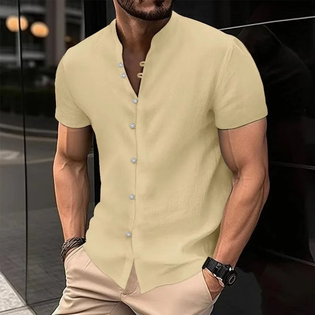 Men's Solid Color Cotton Linen Short Sleeve Shirts Vacation Beach Summer Tops with Pocket Casual Lightweight Button Shirts
