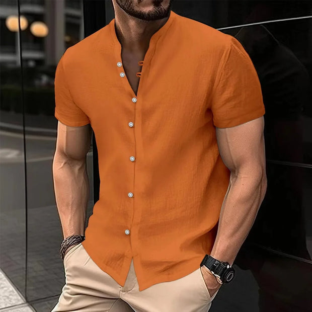 Men's Solid Color Cotton Linen Short Sleeve Shirts Vacation Beach Summer Tops with Pocket Casual Lightweight Button Shirts