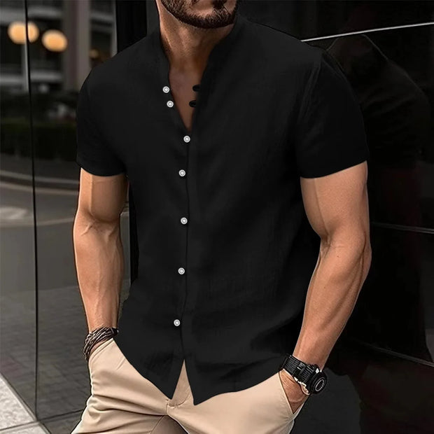 Men's Solid Color Cotton Linen Short Sleeve Shirts Vacation Beach Summer Tops with Pocket Casual Lightweight Button Shirts