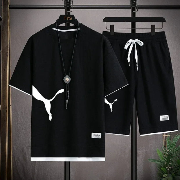 New Korean Summer  Men's Tracksuit Short Sleeve T-shirts And Sports fashion Casual Outfits Joggers Sets Training beach wear