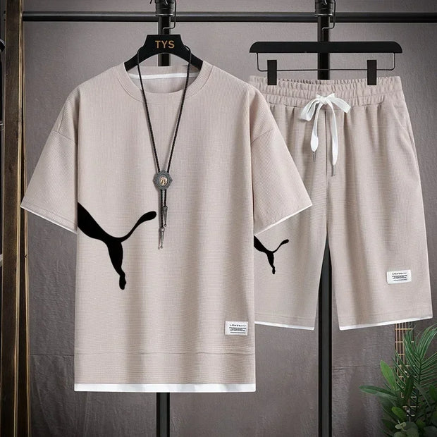 New Korean Summer  Men's Tracksuit Short Sleeve T-shirts And Sports fashion Casual Outfits Joggers Sets Training beach wear