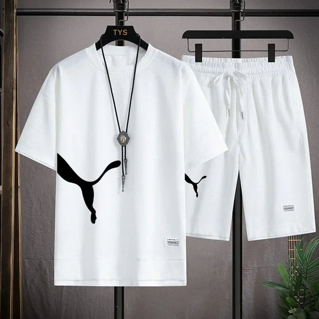 New Korean Summer  Men's Tracksuit Short Sleeve T-shirts And Sports fashion Casual Outfits Joggers Sets Training beach wear
