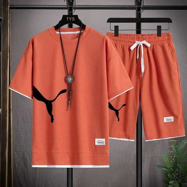 New Korean Summer  Men's Tracksuit Short Sleeve T-shirts And Sports fashion Casual Outfits Joggers Sets Training beach wear