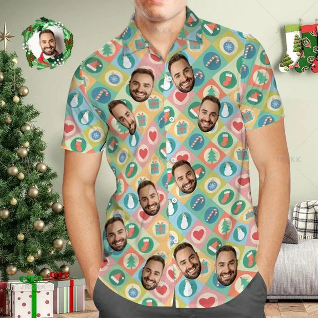 Small Size Men's Fashion 3D Custom Faces Santa Xmas Print Shirts Happy Christmas Graphic Shirts & Blouses Kid Short Shirts Tops