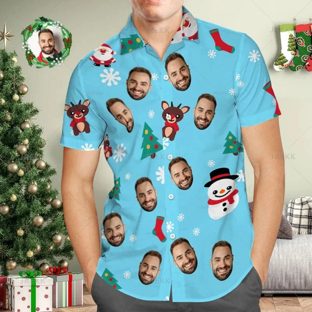 Small Size Men's Fashion 3D Custom Faces Santa Xmas Print Shirts Happy Christmas Graphic Shirts & Blouses Kid Short Shirts Tops