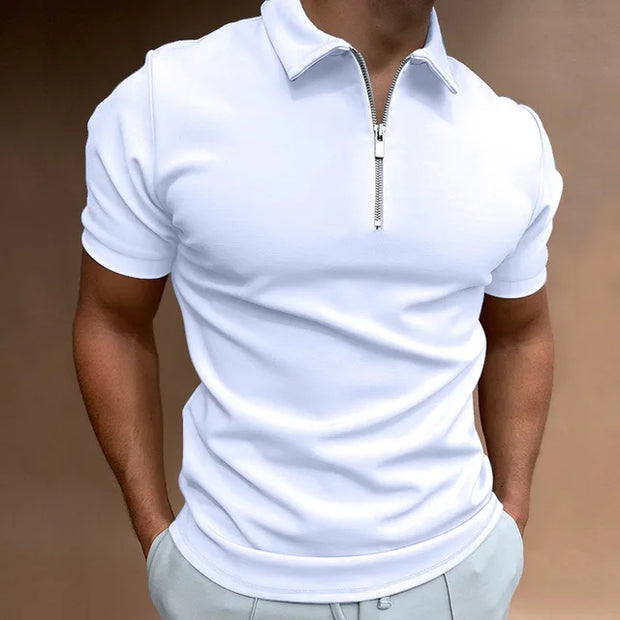 Summer men's polo shirt solid color short-sleeved lapel zipper T-shirt casual fitted top European men's wear