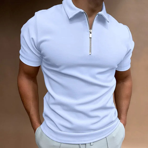 Summer men's polo shirt solid color short-sleeved lapel zipper T-shirt casual fitted top European men's wear
