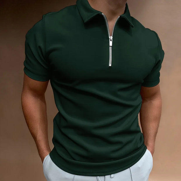Summer men's polo shirt solid color short-sleeved lapel zipper T-shirt casual fitted top European men's wear